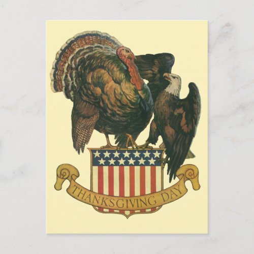 Vintage Thanksgiving Turkey Eagle American Flag Holiday Postcard