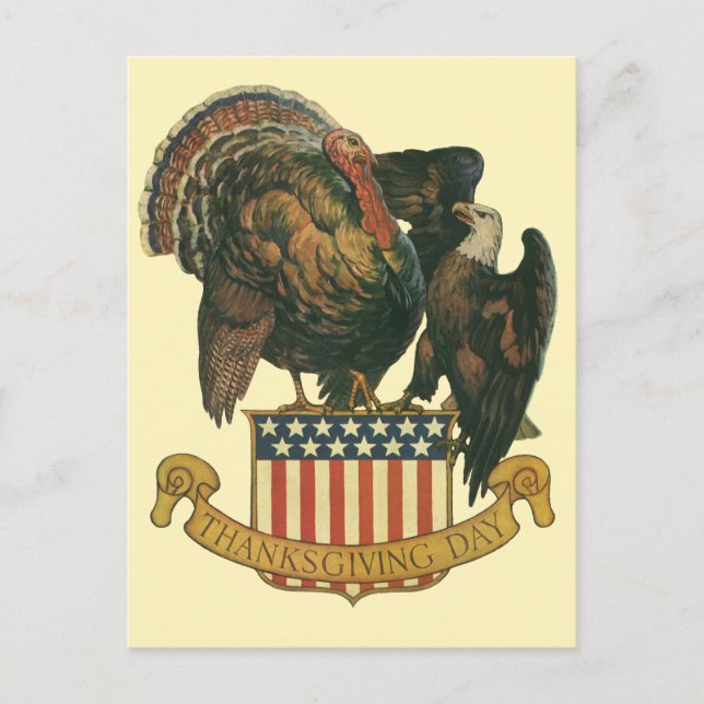 Vintage Thanksgiving Turkey, Eagle, American Flag Holiday Postcard (Front)