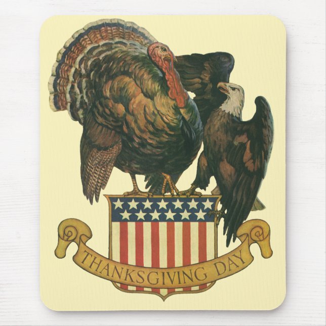 Vintage Thanksgiving Turkey, Eagle, American Flag Mouse Pad (Front)