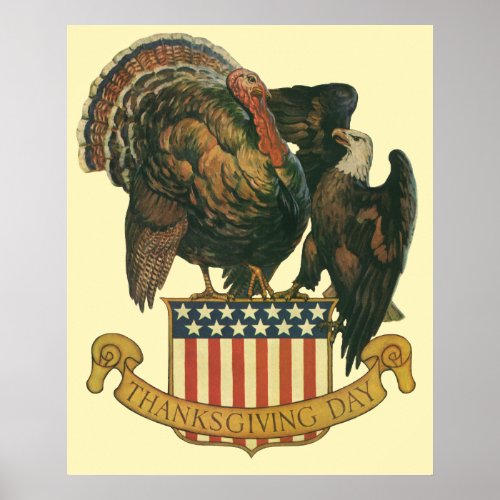 Vintage Thanksgiving Turkey Eagle American Flag Poster