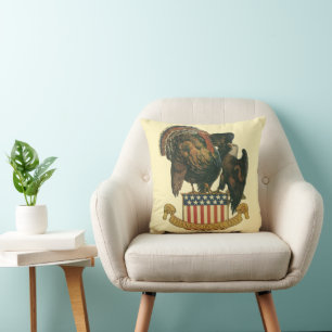 Vintage Thanksgiving Turkey, Eagle, American Flag Throw Pillow