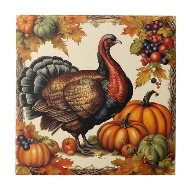 Vintage Thanksgiving Turkey, Fruit and Pumpkins  Ceramic Tile (Front)