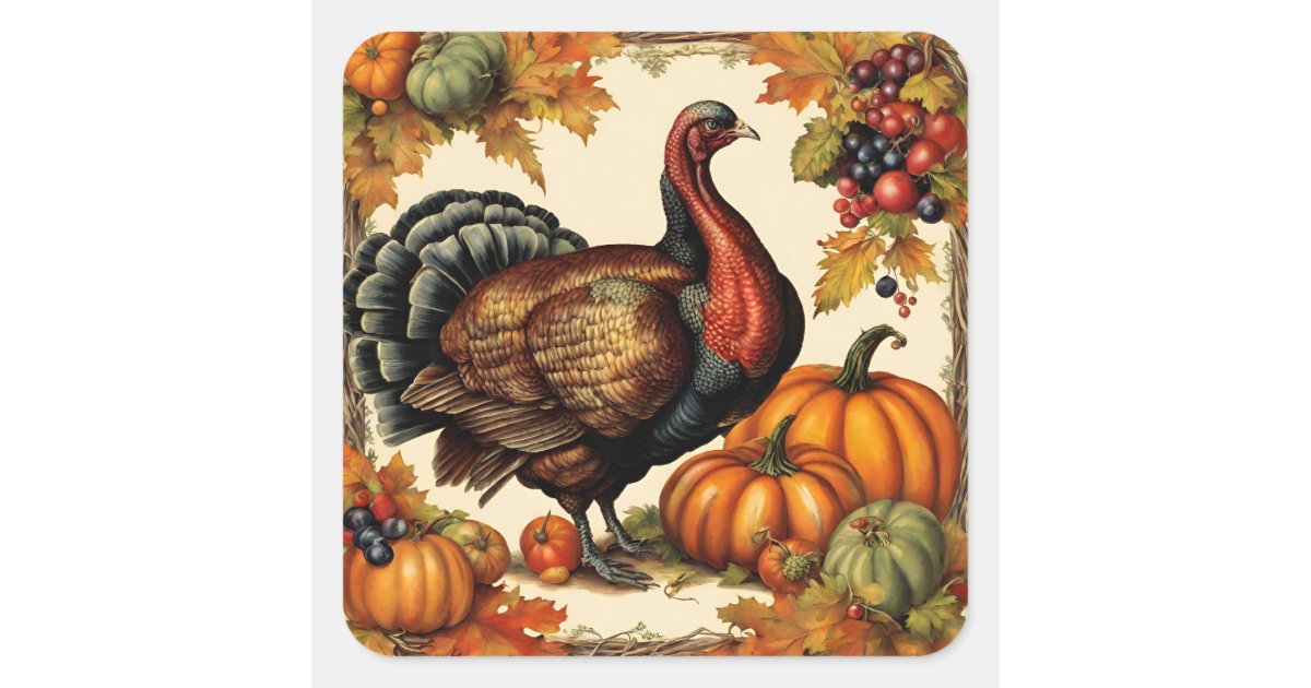 Vintage Thanksgiving Turkey, Fruit and Pumpkins Square Sticker | Zazzle