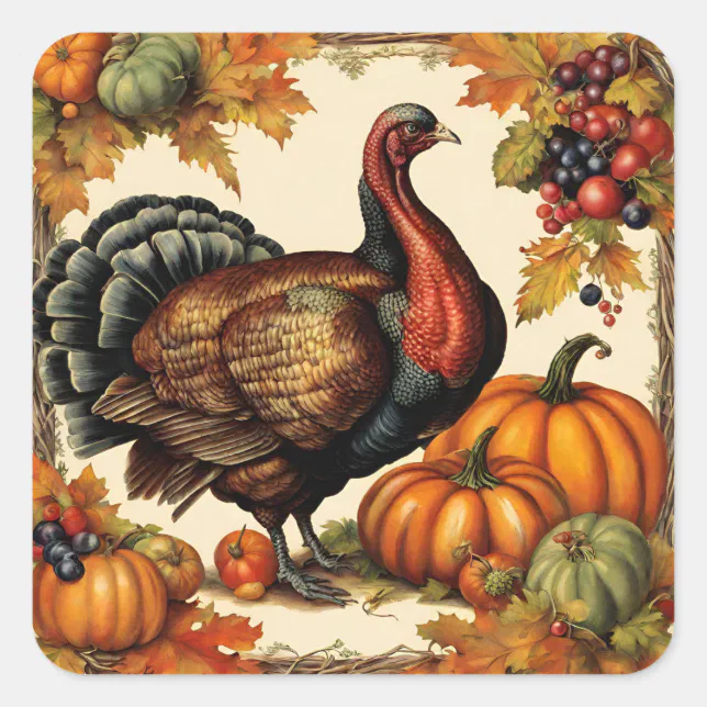 Vintage Thanksgiving Turkey, Fruit and Pumpkins Square Sticker | Zazzle