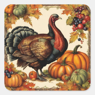 Vintage Thanksgiving Turkey, Fruit and Pumpkins Square Sticker