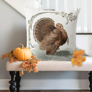 Vintage Thanksgiving Turkey Illustration Throw Pillow