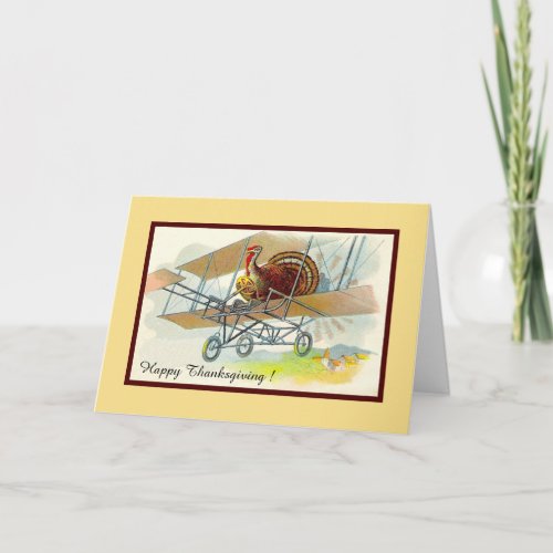 Vintage thanksgiving turkey in airplane holiday card