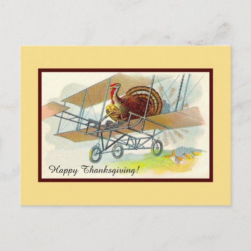 Vintage thanksgiving turkey in airplane holiday postcard