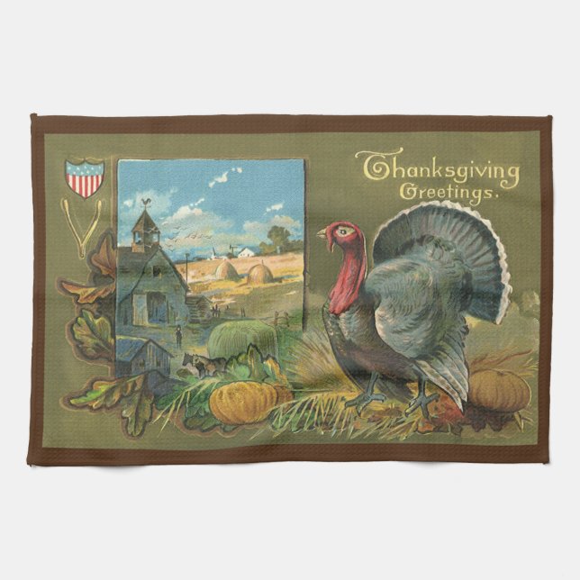 Vintage Thanksgiving, Turkey on the Farm Kitchen Towel (Horizontal)