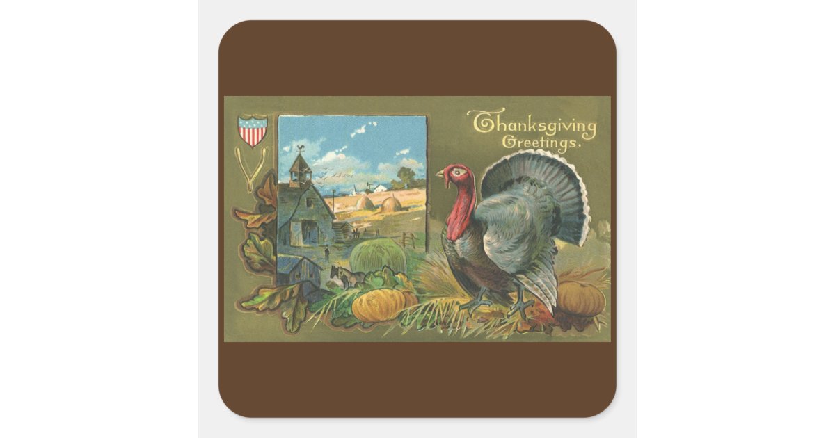 Vintage Thanksgiving, Turkey on the Farm Square Sticker | Zazzle