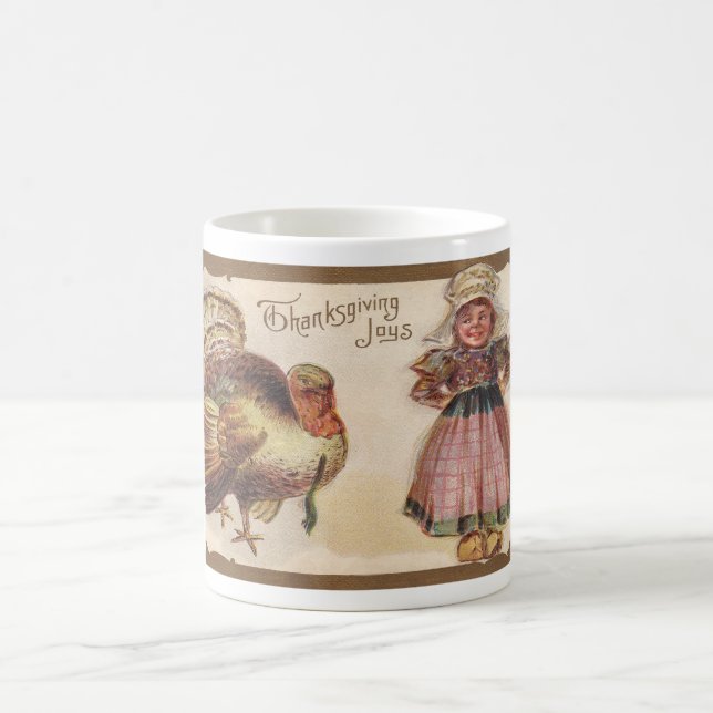 Vintage Thanksgiving, Turkey, Pilgrim Girl Coffee Mug (Center)