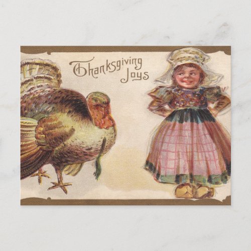 Vintage Thanksgiving Turkey Pilgrim Girl Holiday Postcard