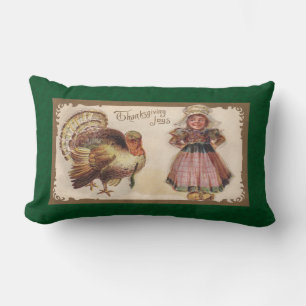 Vintage Thanksgiving, Turkey, Pilgrim Girl Lumbar Pillow