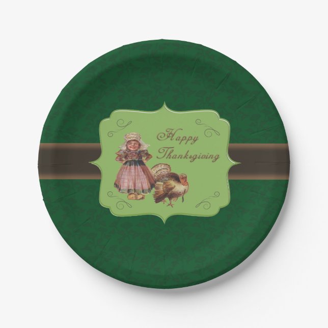 Vintage Thanksgiving, Turkey, Pilgrim Girl Paper Plates (Front)