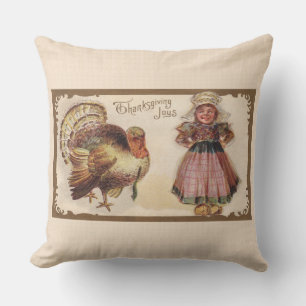 Vintage Thanksgiving, Turkey, Pilgrim Girl Throw Pillow