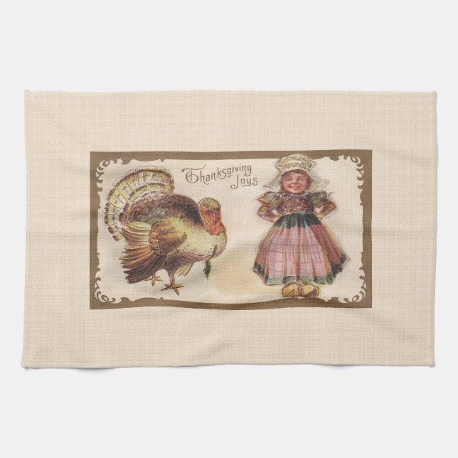 Vintage Thanksgiving, Turkey with Pilgrim Girl Kitchen Towel (Horizontal)