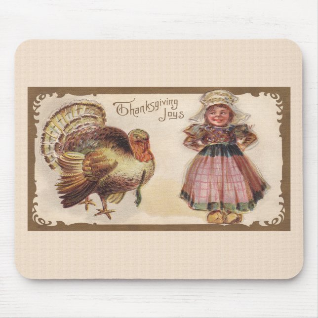 Vintage Thanksgiving Turkey with Pilgrim girl Mouse Pad (Front)