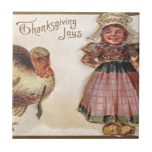 Vintage Thanksgiving, Turkey with Pilgrim Girl Tile (Front)