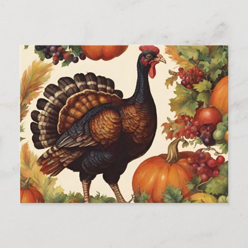 Vintage Thanksgiving Turkey with Pumpkin  Holiday Postcard