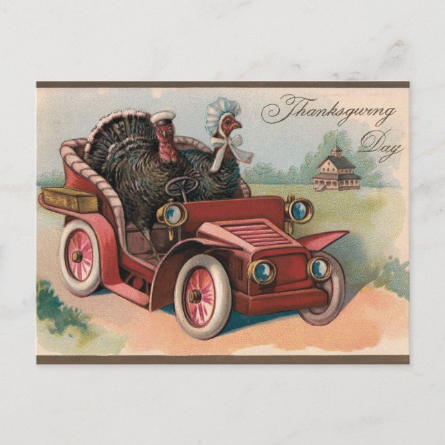 Vintage Thanksgiving Turkeys Riding in a Car Postcard (Front)