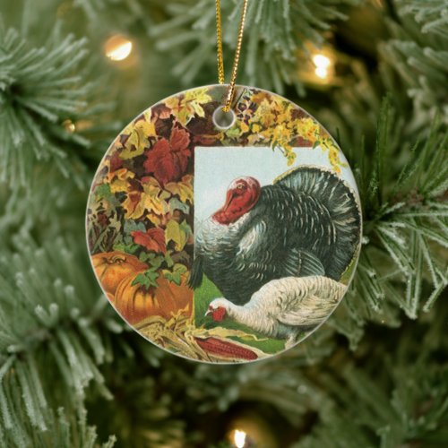 Vintage Thanksgiving Wild Turkeys Autumn Colors Ceramic Ornament