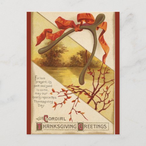 Vintage Thanksgiving Wishbone With Ribbon Postcard