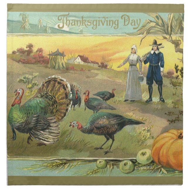 Vintage Thanksgiving with Turkeys and Pilgrims Cloth Napkin (Front)