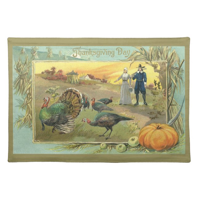Vintage Thanksgiving with Turkeys and Pilgrims Cloth Placemat (Front)