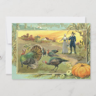 Vintage Thanksgiving with Turkeys and Pilgrims Holiday Card