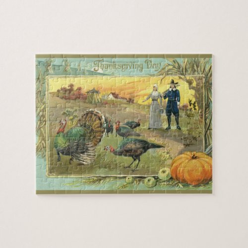 Vintage Thanksgiving with Turkeys and Pilgrims Jigsaw Puzzle