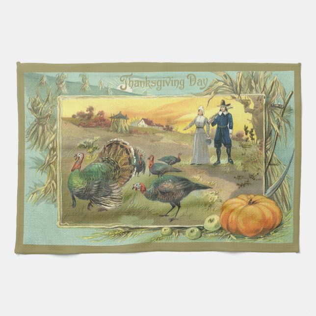 Vintage Thanksgiving with Turkeys and Pilgrims Kitchen Towel (Horizontal)