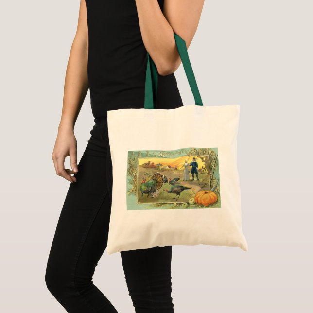 Vintage Thanksgiving with Turkeys and Pilgrims Tote Bag (Front (Product))