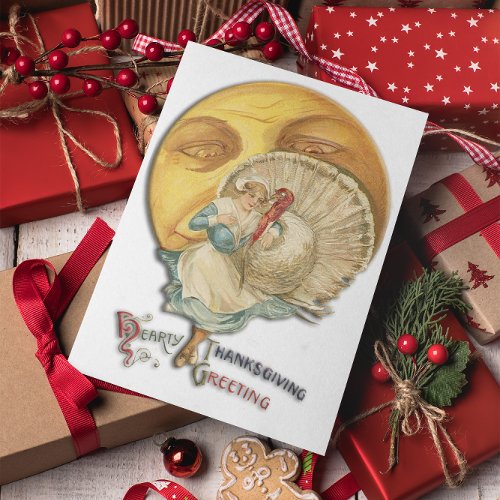 Vintage Thanksgiving Woman And Turkey On Moon Holiday Card