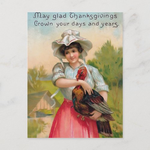 Vintage Thanksgiving Woman and Turkey Postcard