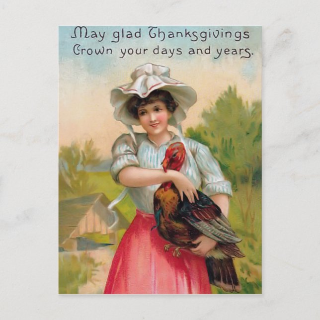 Vintage Thanksgiving Woman and Turkey Postcard (Front)