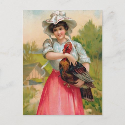 Vintage Thanksgiving Woman and Turkey Postcard