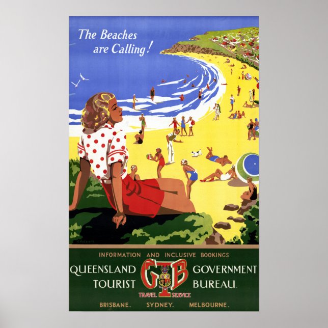 Vintage The Beaches are Calling Queensland Austral Poster (Front)