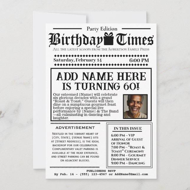 Vintage “The Birthday Times” Newspaper Invitation  (Front)