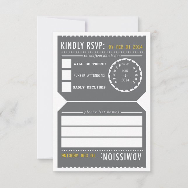 Vintage Theater Ticket RSVP in Gray and Yellow (Front)