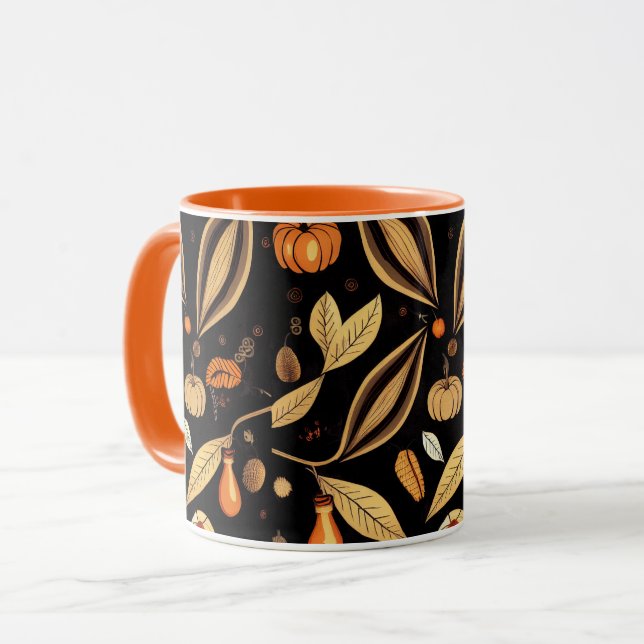 Vintage Themed Autumn Leaf Patterned Mug (Front Left)