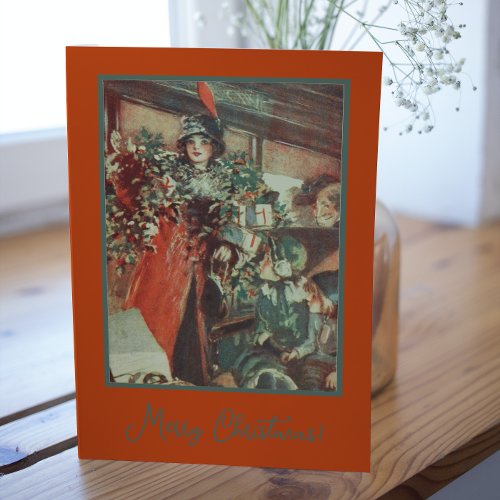 Vintage Themed Christmas Tree Gifts Winter Lady  Holiday Postcard