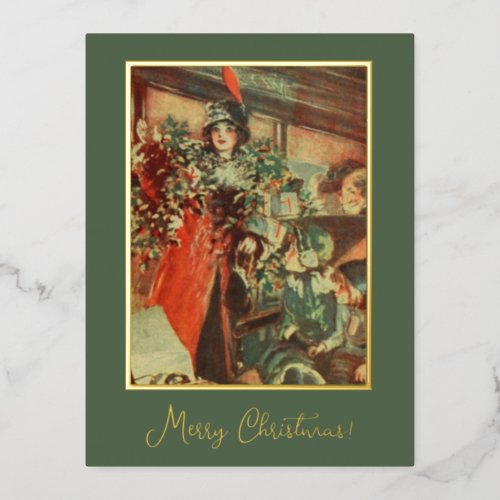 Vintage Themed Green Christmas Tree Gifts Lady Foil Holiday Postcard