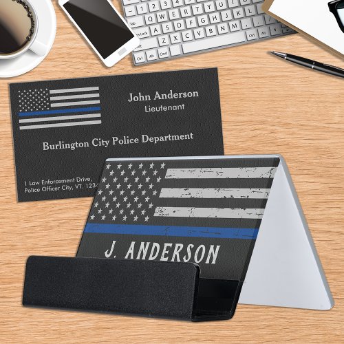 Vintage Thin Blue Line Personalized Police Officer Desk Business Card Holder