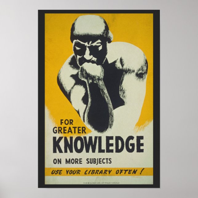 Vintage Thinker Statue WPA Chicago Yellow Library Poster (Front)