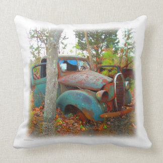 Vintage Thirties Turquoise and Rust Junk Yard Car Throw Pillow