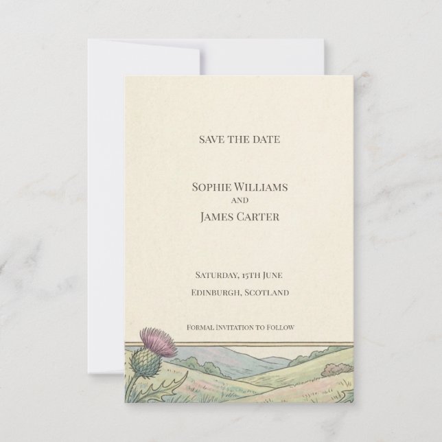 Vintage Thistle Landscape Save the Date Card (Front)