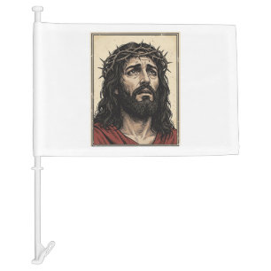 Vintage Thorn Crown Religious Portrait Vector Art_ Car Flag