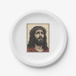 Vintage Thorn Crown Religious Portrait Vector Art_ Paper Plates