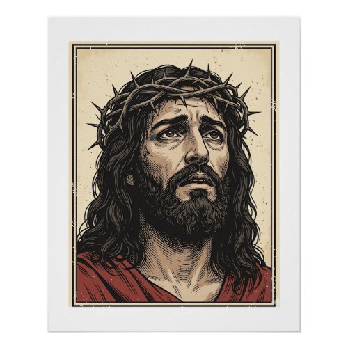 Vintage Thorn Crown Religious Portrait Vector Art_ Poster