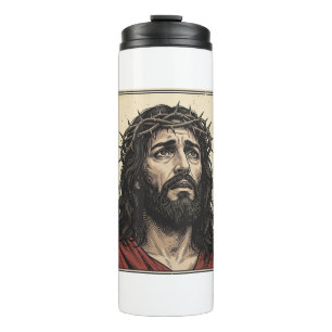 Vintage Thorn Crown Religious Portrait Vector Art_ Thermal Tumbler